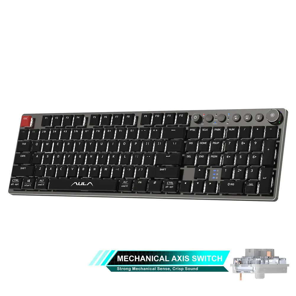 Wireless mechanical keyboard 104 keys low-profile with blue backlight, full layout, and short shaft switches