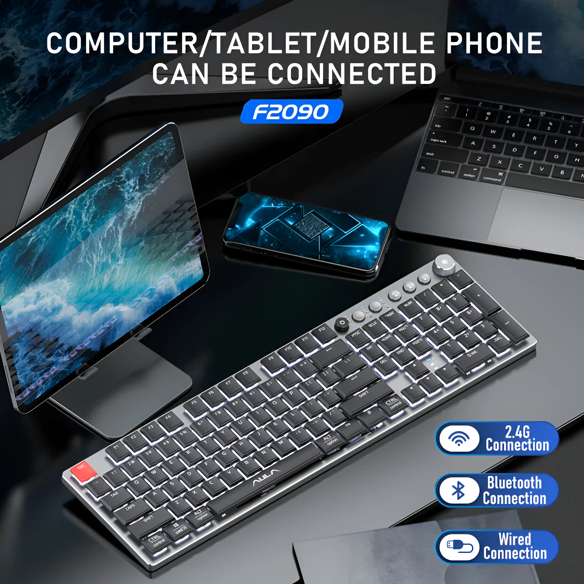 Wireless mechanical keyboard 104 keys low-profile with blue backlight, full layout, and short shaft switches