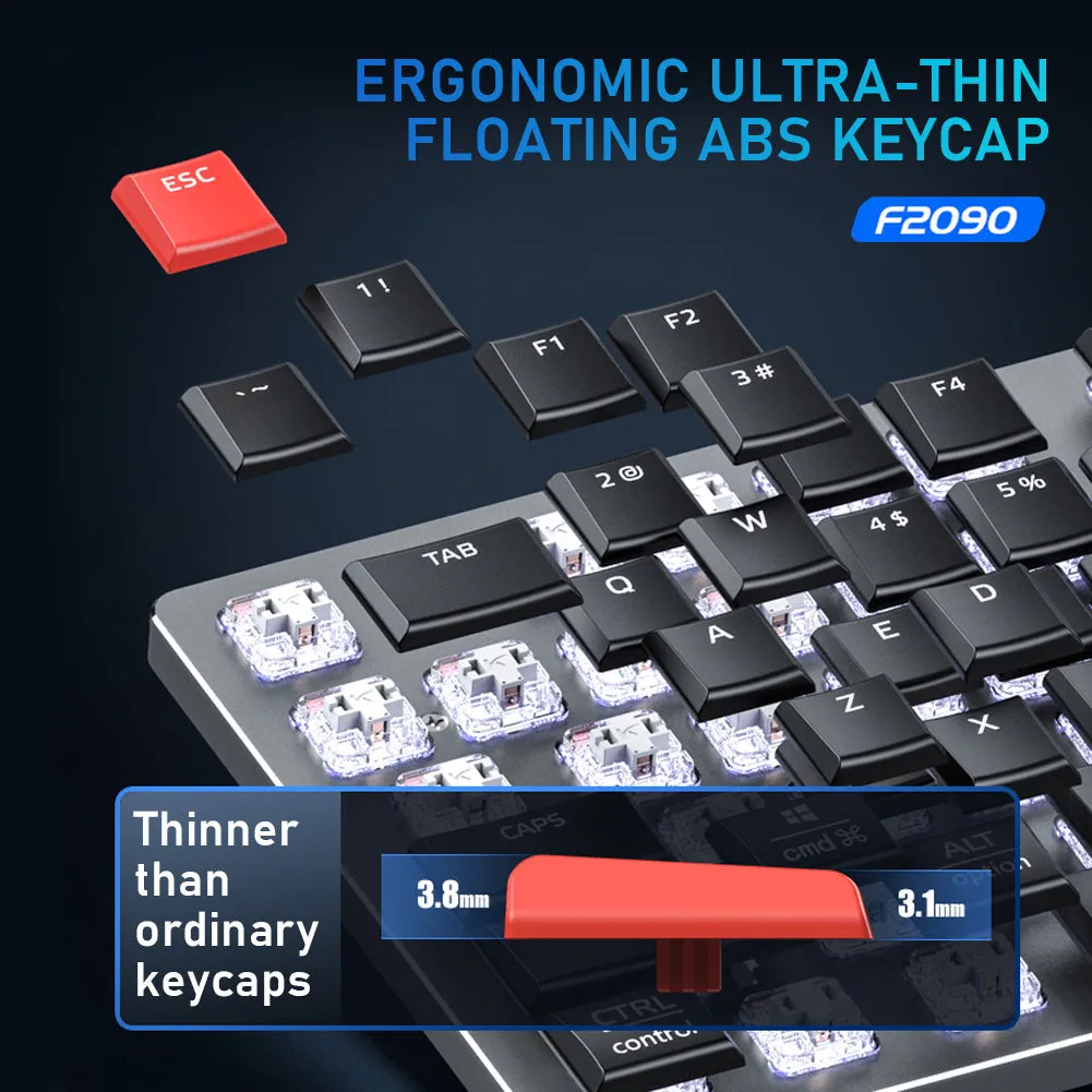 Wireless mechanical keyboard 104 keys low-profile with blue backlight, full layout, and short shaft switches