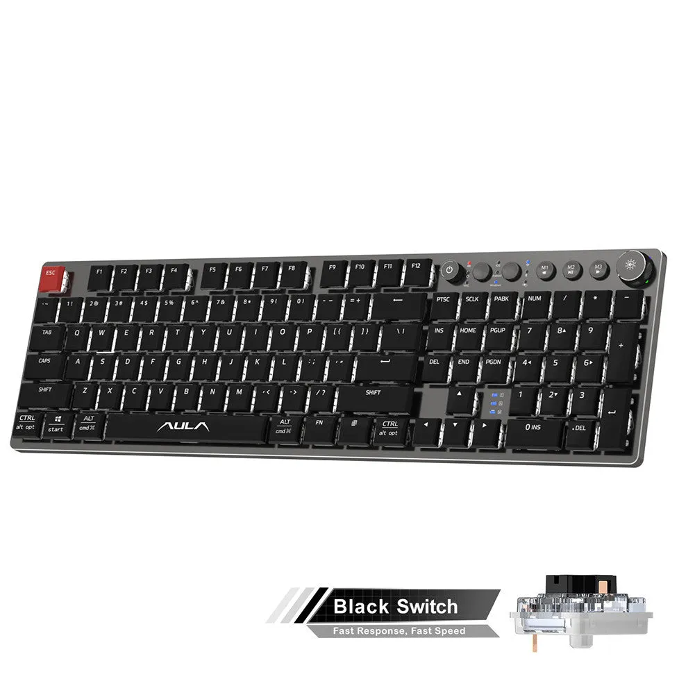 Wireless mechanical keyboard 104 keys low-profile with blue backlight, full layout, and short shaft switches