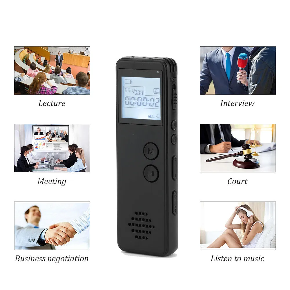 Black matte-finish MP3 digital voice recorder on a table showing its screen, recording button, and compact size.