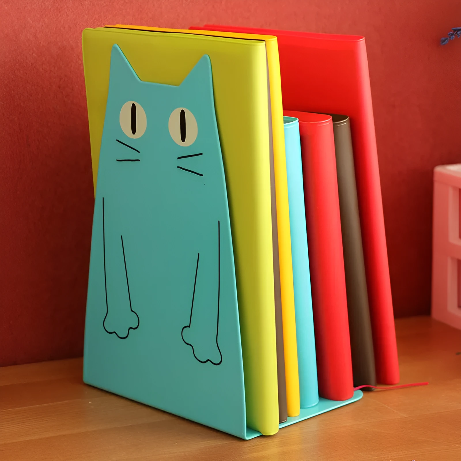Pair of blue iron bookends 14 x 20.5 x 10.5cm holding books upright on a shelf