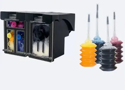 HP 304XL black and colour ink cartridge with two bottles of refill ink on a white background