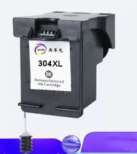 HP 304XL black and colour ink cartridge with two bottles of refill ink on a white background