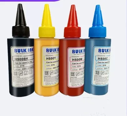 HP 304XL black and colour ink cartridge with two bottles of refill ink on a white background