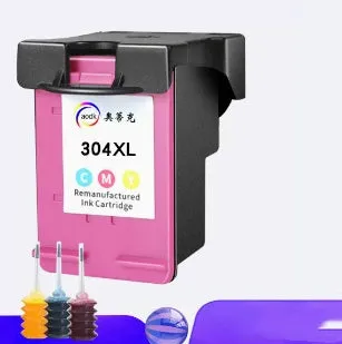 HP 304XL black and colour ink cartridge with two bottles of refill ink on a white background