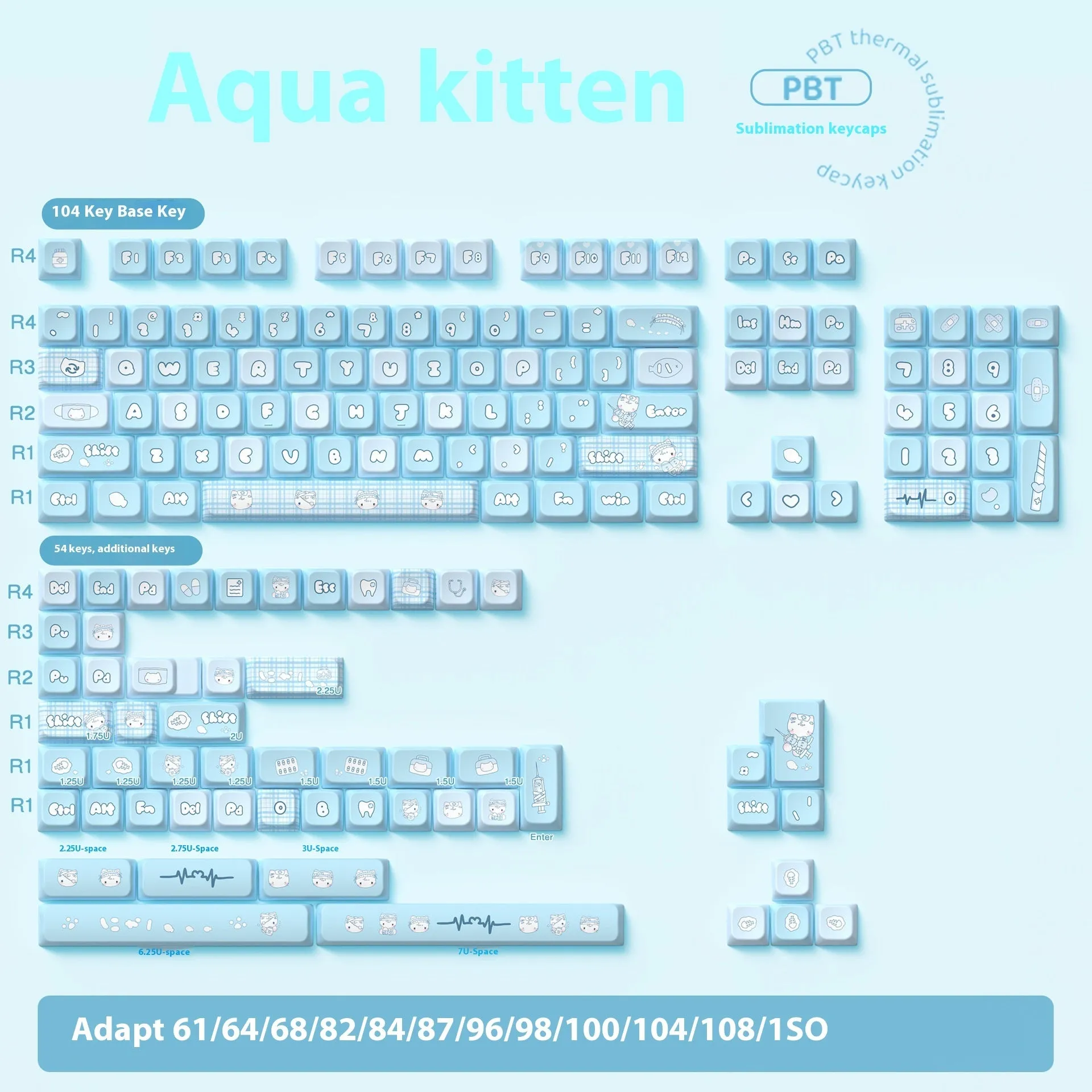 Watercolour cat design custom mechanical keyboard keycaps in a full 138 or 158 key set.