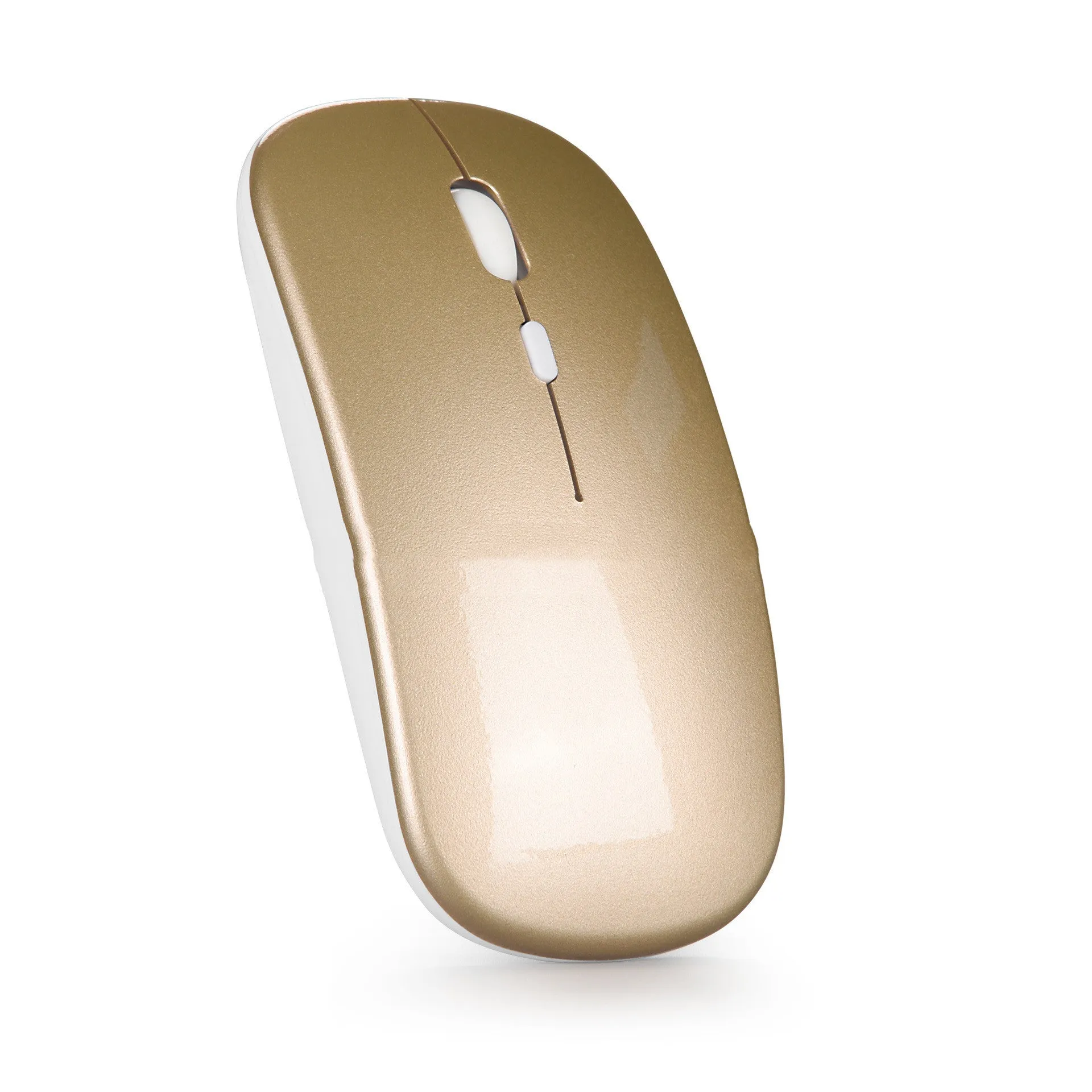 Bluetooth dual-mode rechargeable silent wireless mouse in Black, Gold, Grey, Rose Gold, Silver, White on a desk