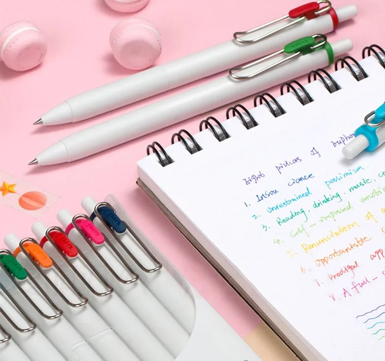 Set of 10 gel pens in assorted colours including black, blue, red blue-black and black rod with 0.38mm and 0.5mm tips, 140mm length