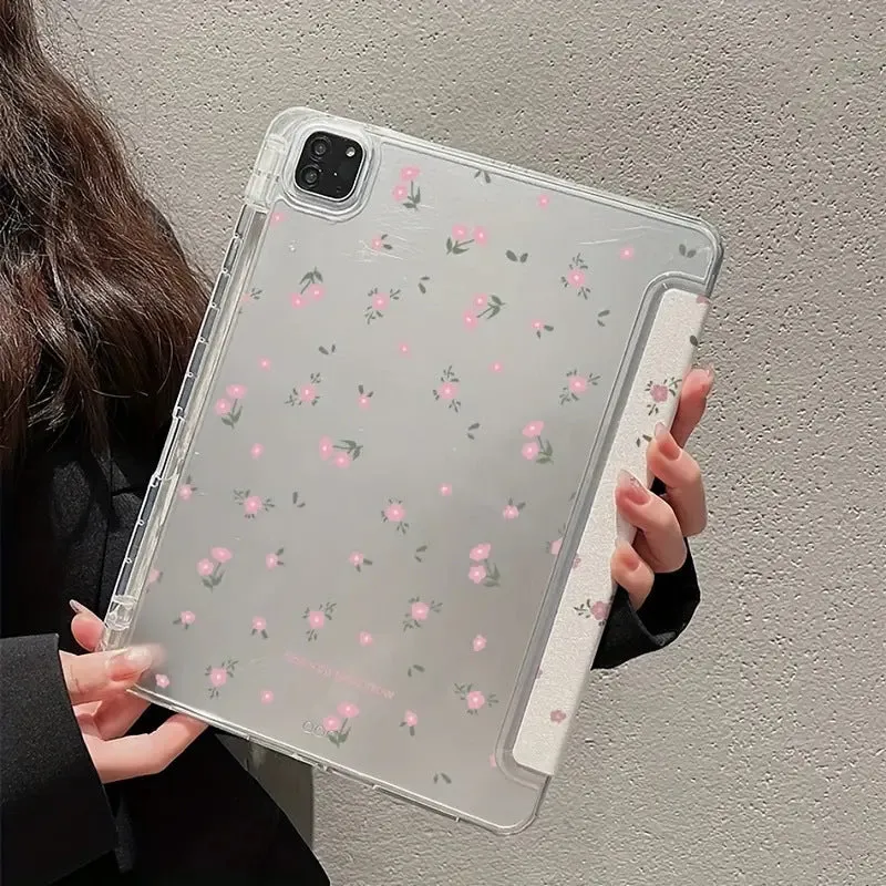 Transparent floral patterned iPad case showing three-fold magnetic stand positions