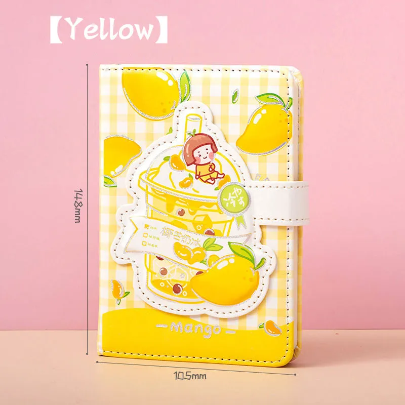 Cute magnetic buckle notebook with heart design in pink, yellow, green, and purple colours on white background