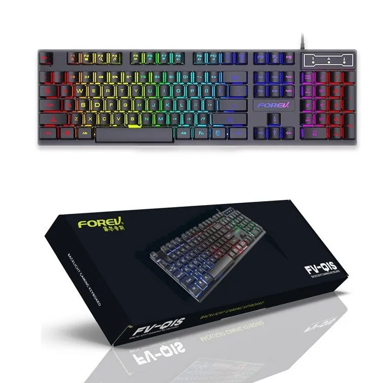 FV-Q1 wired luminous keyboard with six-colour backlight on a desk, connected to a computer