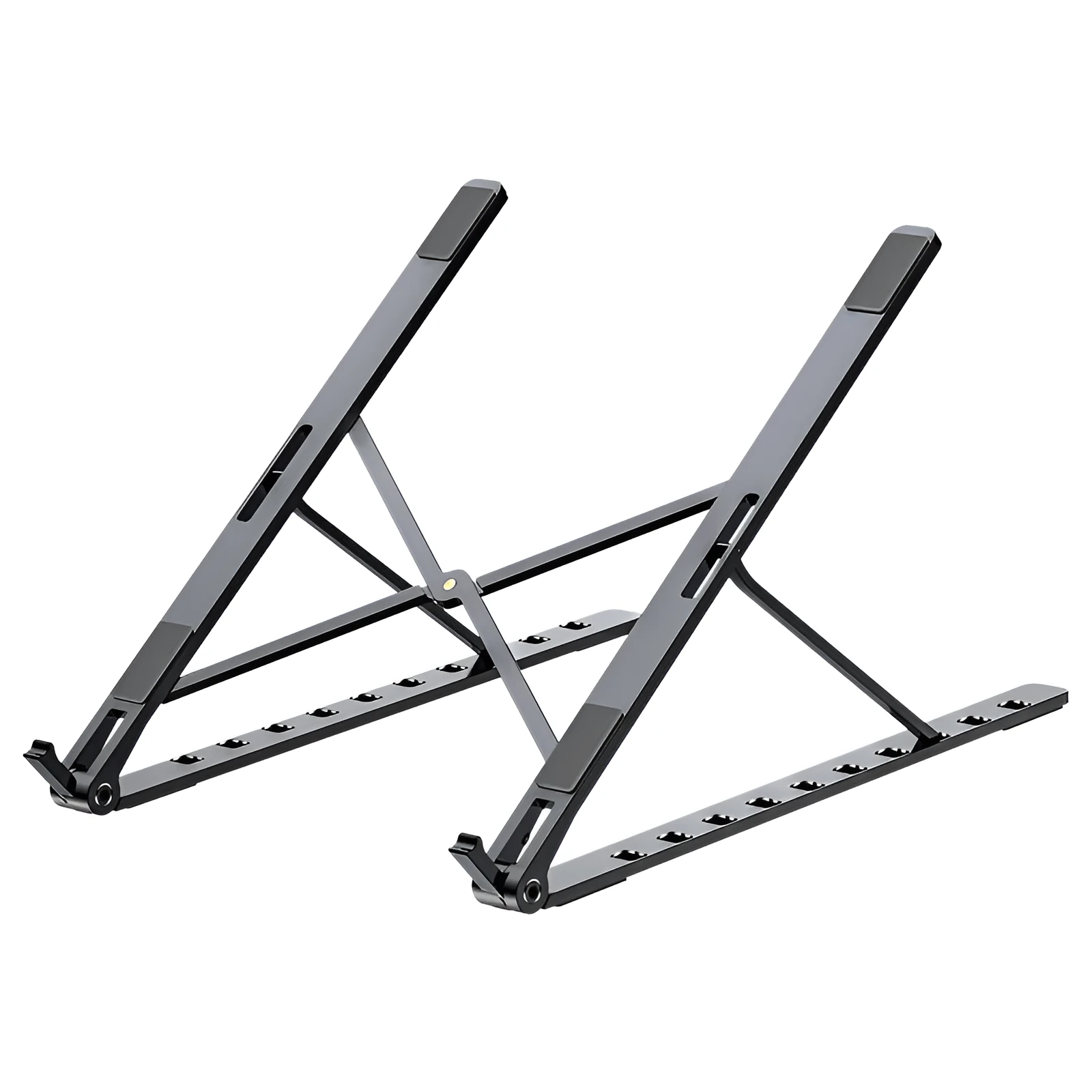 Folding flat aluminium alloy laptop stand in grey, 255x35x13mm, angled to show silicone pads and hinge mechanism