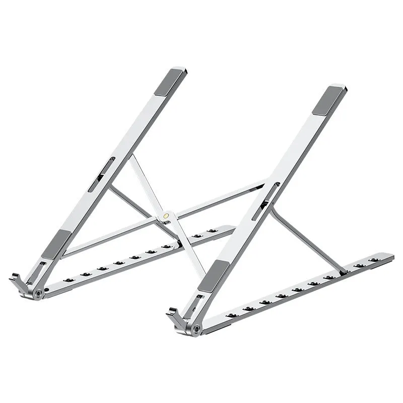 Folding flat aluminium alloy laptop stand in grey, 255x35x13mm, angled to show silicone pads and hinge mechanism