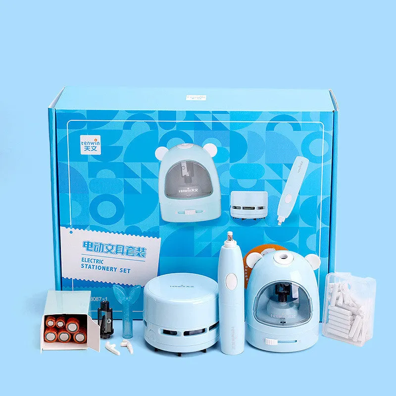 Electric pencil sharpener in blue with plastic body and simple design