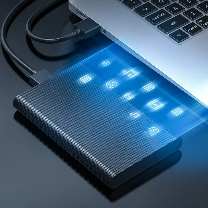 Black ABS 2.5-inch USB 3.0 hard drive case for SSD and HDD, 128mm length, 80mm width, 15mm height, with data cable