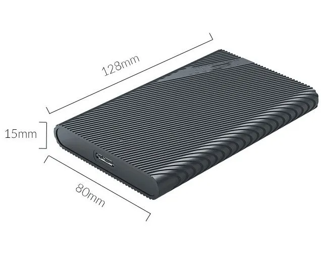 Black ABS 2.5-inch USB 3.0 hard drive case for SSD and HDD, 128mm length, 80mm width, 15mm height, with data cable