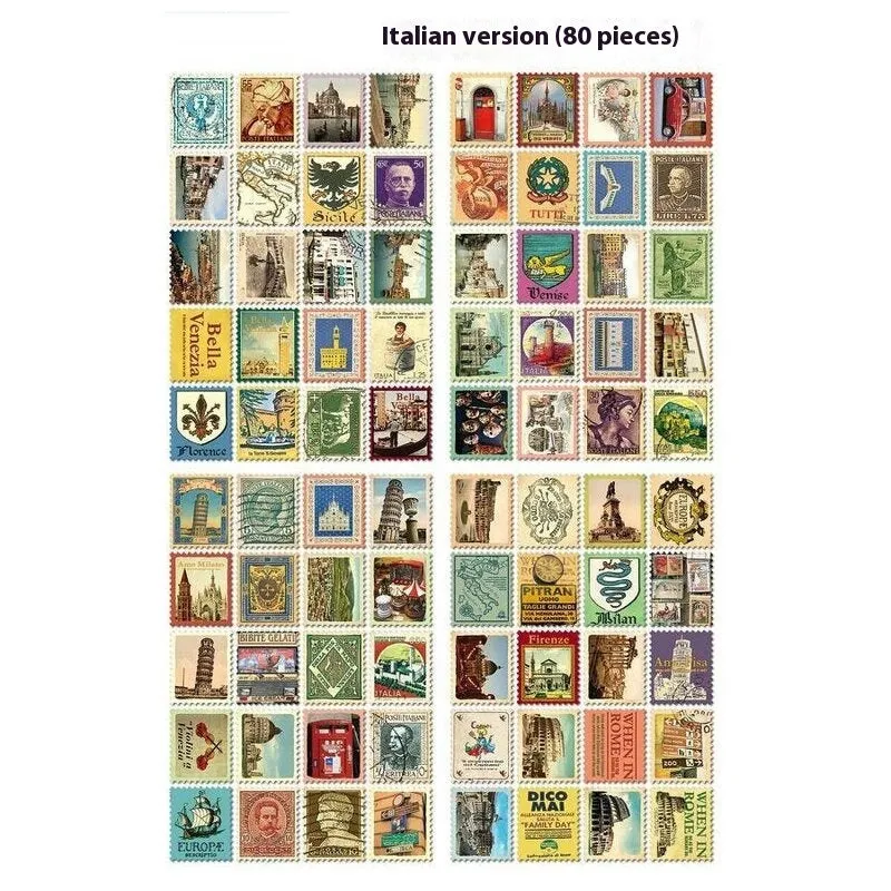 Hand painted Paris London Italy stamp stickers 80 pieces for journal diary decorations