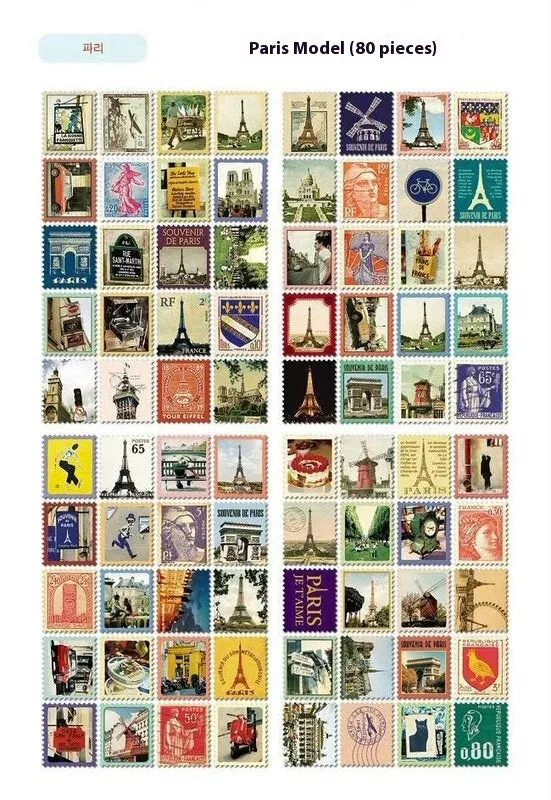 Hand painted Paris London Italy stamp stickers 80 pieces for journal diary decorations