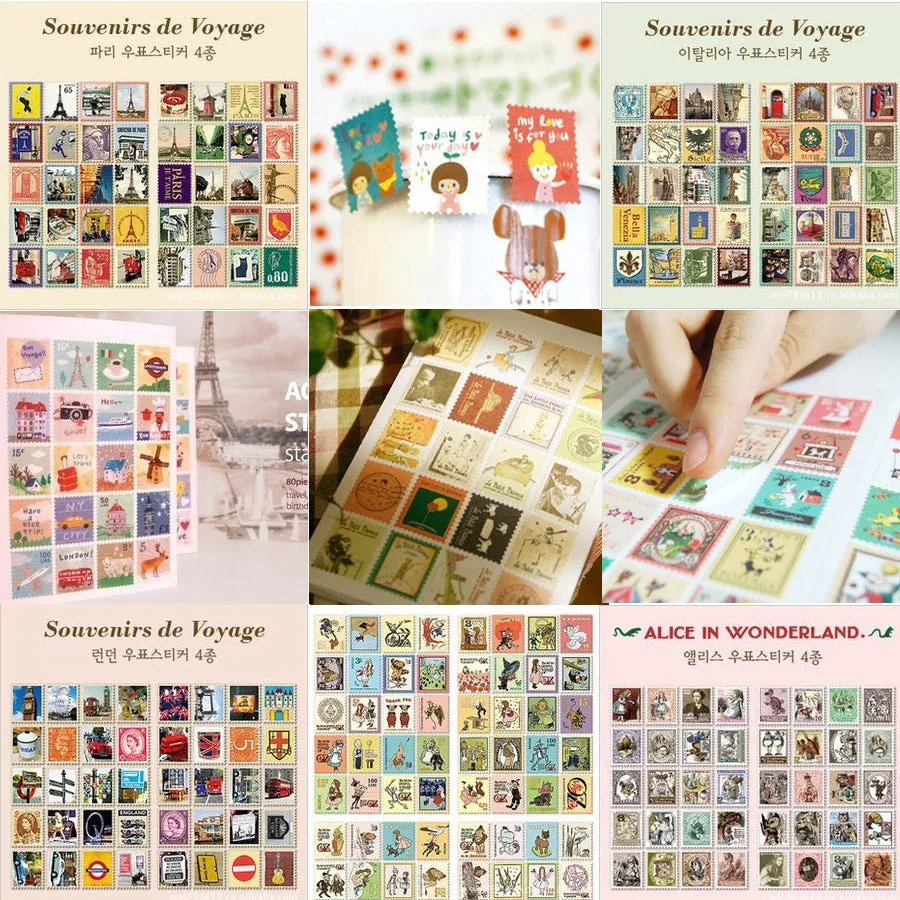 Hand painted Paris London Italy stamp stickers 80 pieces for journal diary decorations