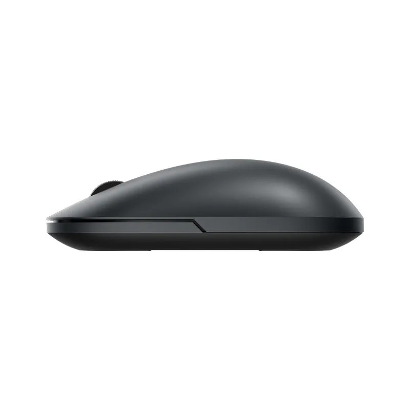 Ultra-thin grey wireless mouse with touch wheel and two buttons on plain background