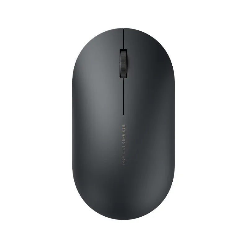 Ultra-thin grey wireless mouse with touch wheel and two buttons on plain background