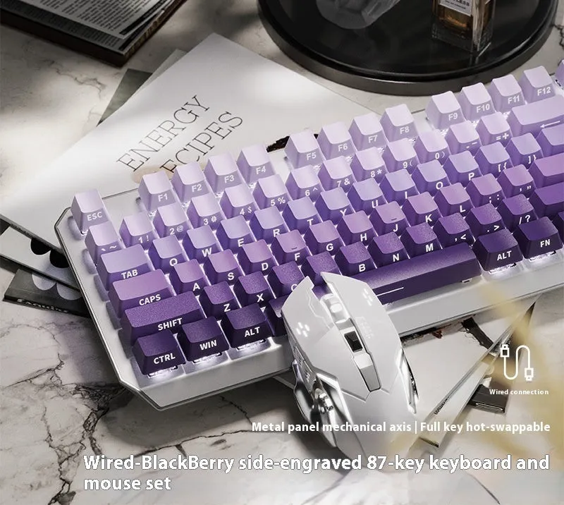 87-key wired mechanical keyboard with side-engraved keycaps, silver white finish, compact layout