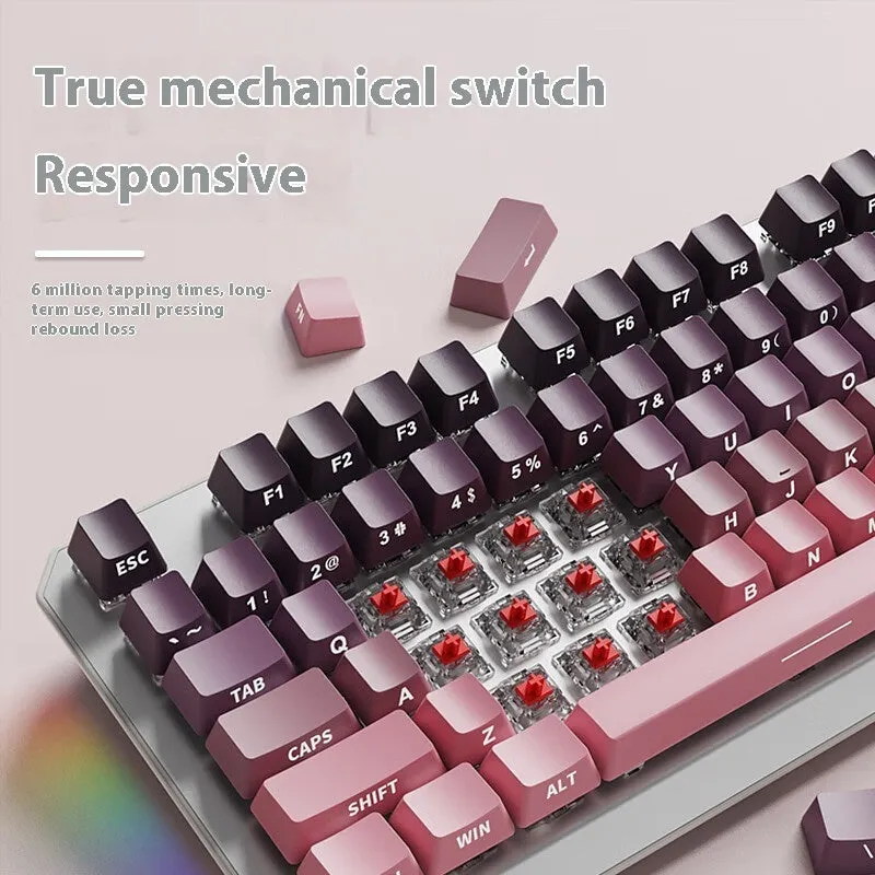 87-key wired mechanical keyboard with side-engraved keycaps, silver white finish, compact layout