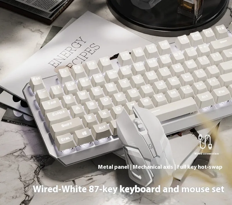 87-key wired mechanical keyboard with side-engraved keycaps, silver white finish, compact layout