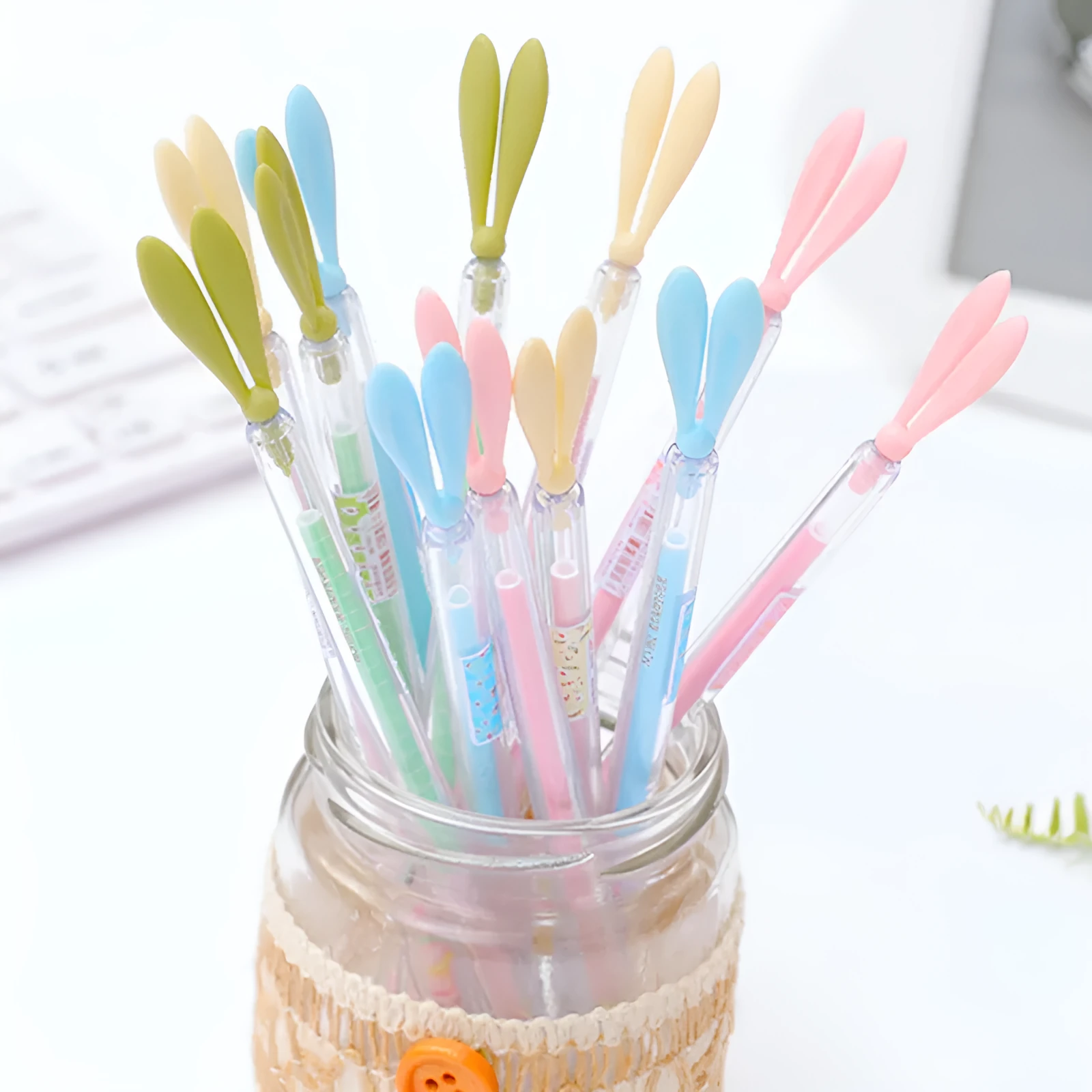 Cute cartoon luminous rabbit long ears gel pen with dust plug, fine 0.38mm tip, plastic shell in four colours