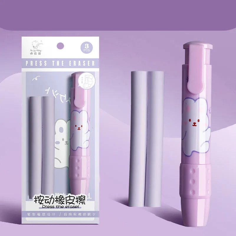Children's Kaba Bear press eraser set with plastic case and replacement cores in green, blue, pink, purple