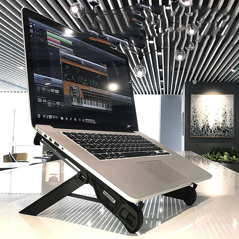 Foldable black reinforced nylon notebook stand with laptop on top, 270x39x36mm size