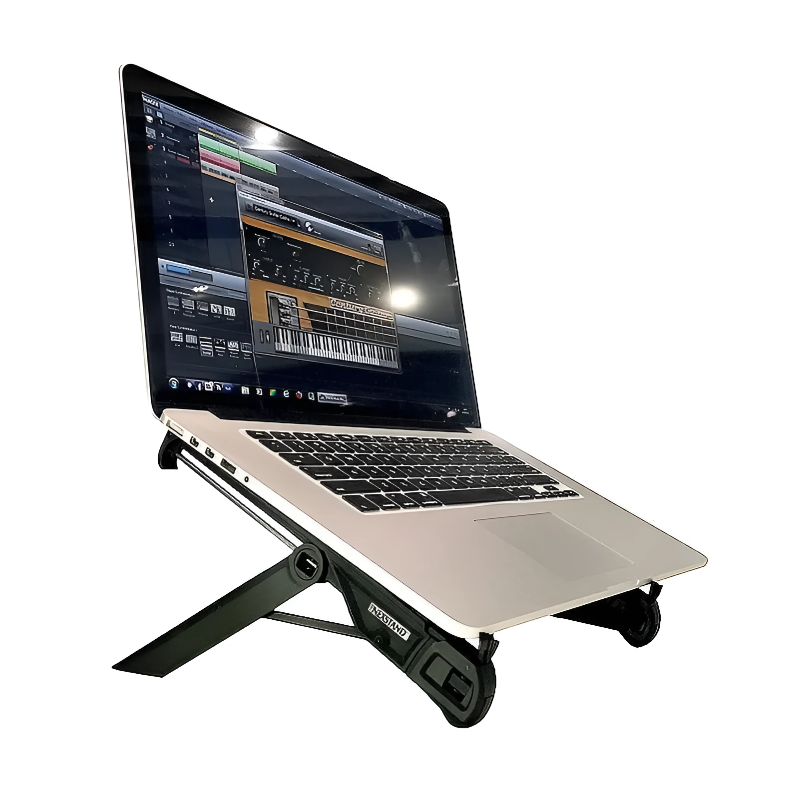 Foldable black reinforced nylon notebook stand with laptop on top, 270x39x36mm size