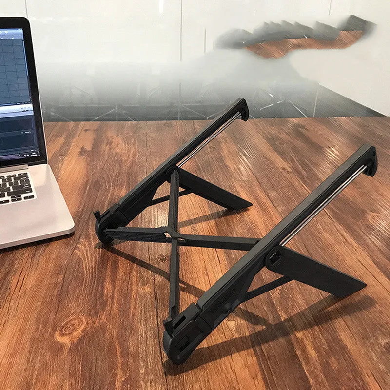 Foldable black reinforced nylon notebook stand with laptop on top, 270x39x36mm size