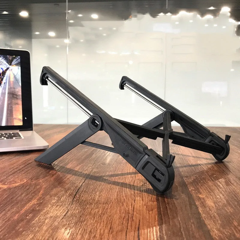 Foldable black reinforced nylon notebook stand with laptop on top, 270x39x36mm size