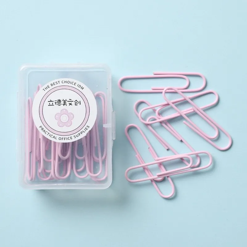 Set of macaron colour alloy paper clips in pink, green, and purple, showing 28mm and 50mm sizes, on a light background