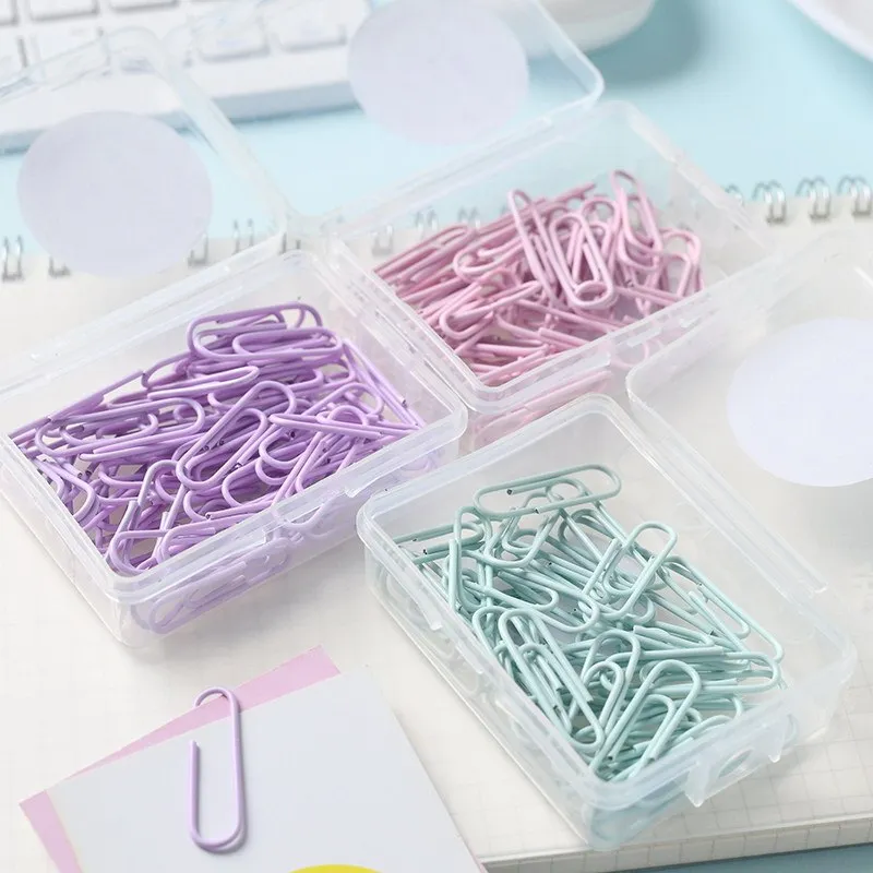 Set of macaron colour alloy paper clips in pink, green, and purple, showing 28mm and 50mm sizes, on a light background