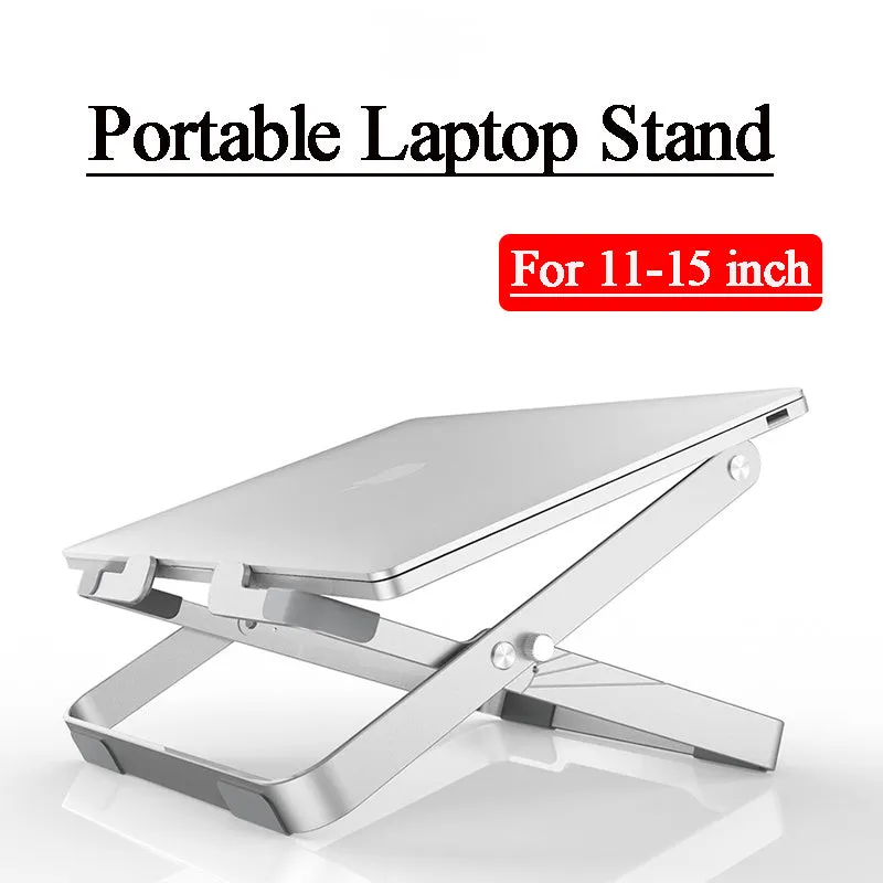 Folding silver grey aluminium laptop stand with silicone pads in expanded position showing heat dissipation design