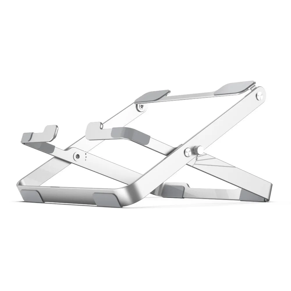 Folding silver grey aluminium laptop stand with silicone pads in expanded position showing heat dissipation design