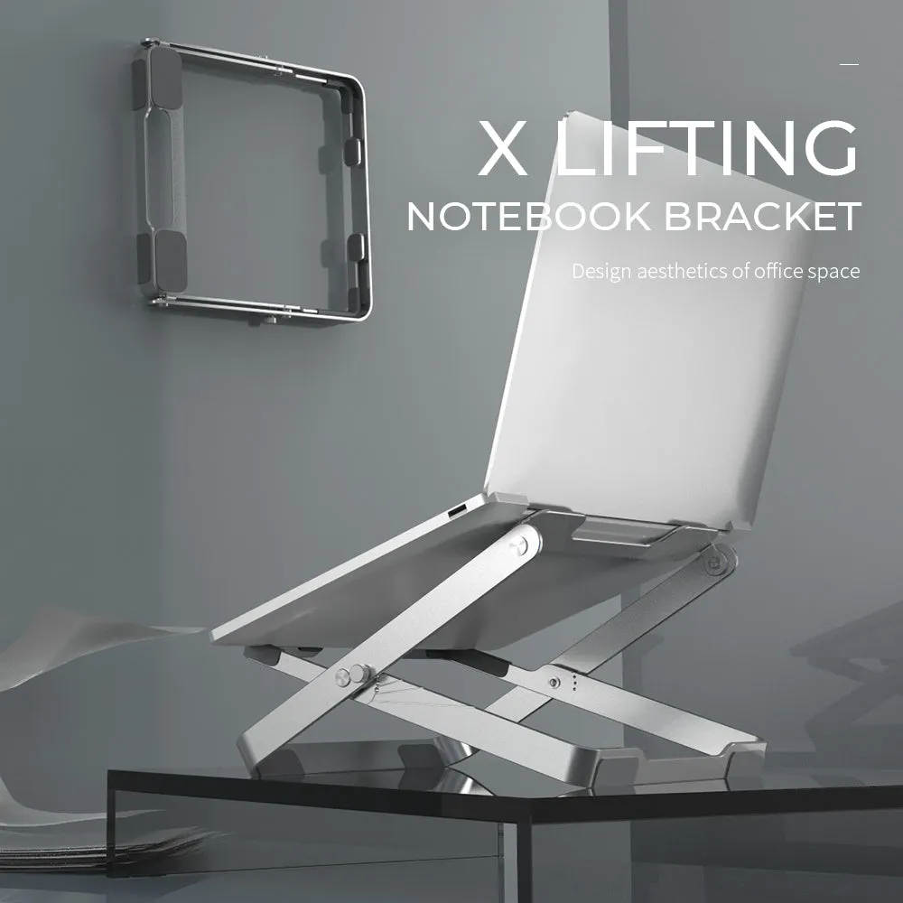 Folding silver grey aluminium laptop stand with silicone pads in expanded position showing heat dissipation design