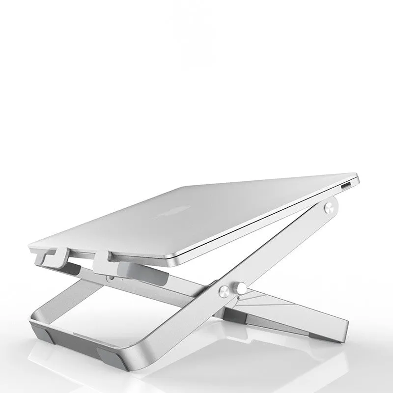 Folding silver grey aluminium laptop stand with silicone pads in expanded position showing heat dissipation design