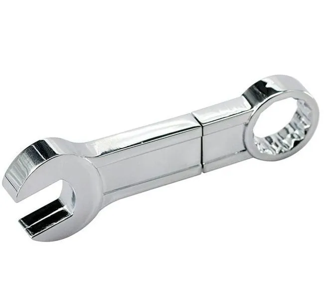 Metal wrench-shaped USB flash drive with double-headed plum blossom design in white colour