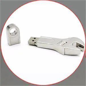 Metal wrench-shaped USB flash drive with double-headed plum blossom design in white colour
