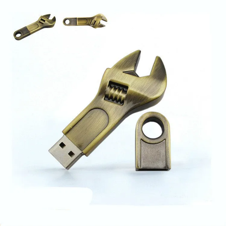 Metal wrench-shaped USB flash drive with double-headed plum blossom design in white colour