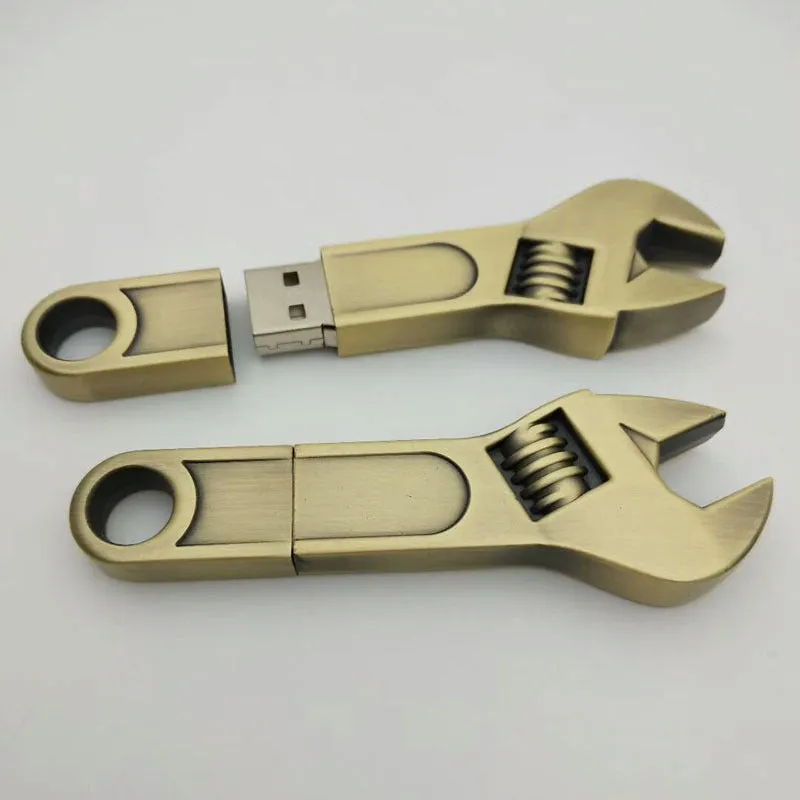 Metal wrench-shaped USB flash drive with double-headed plum blossom design in white colour