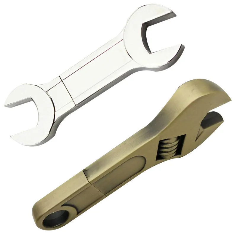 Metal wrench-shaped USB flash drive with double-headed plum blossom design in white colour