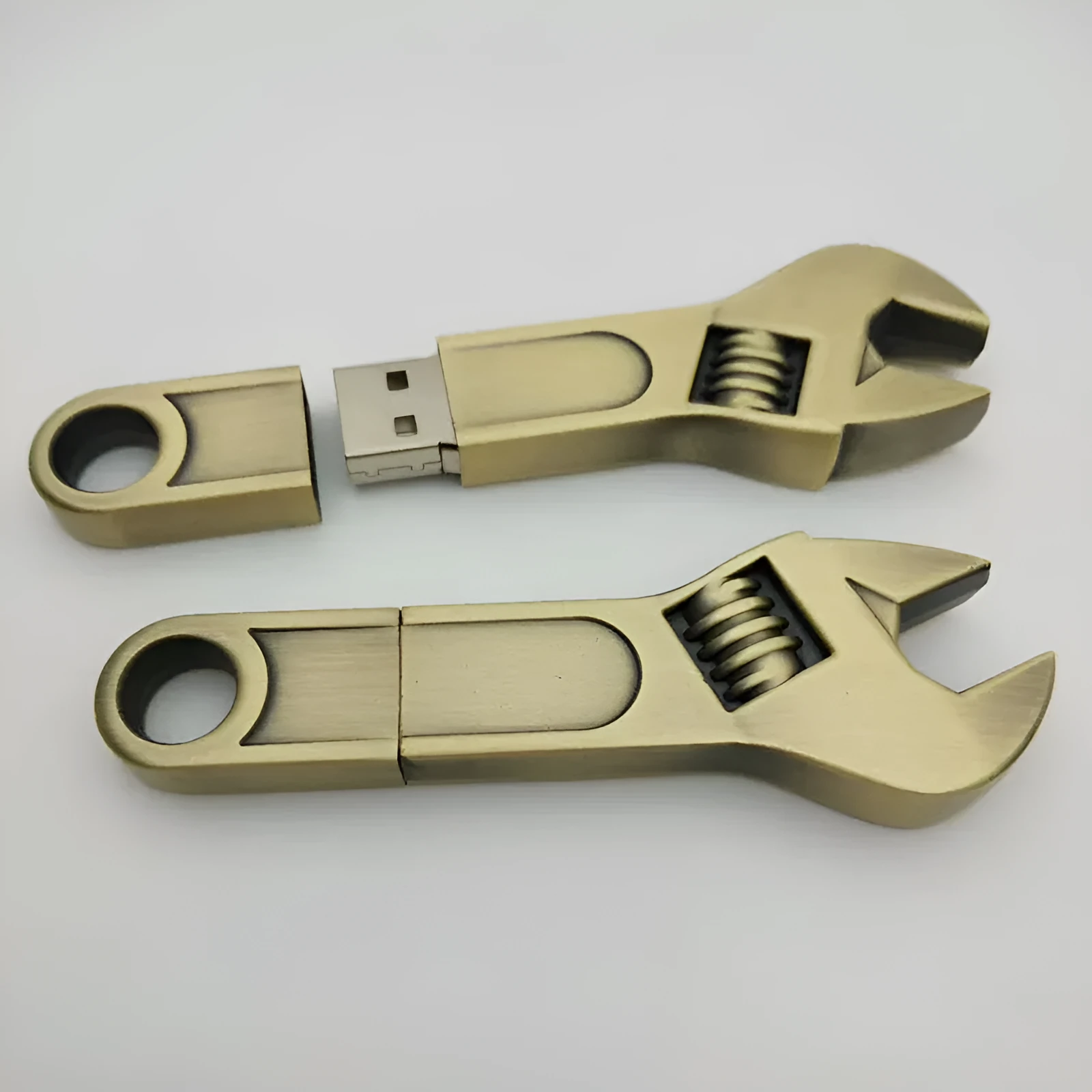 Metal wrench-shaped USB flash drive with double-headed plum blossom design in white colour