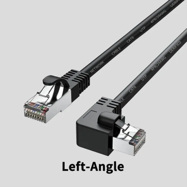 Cat6 Ethernet cable with right-angle metal RJ45 connector in black, available in multiple lengths