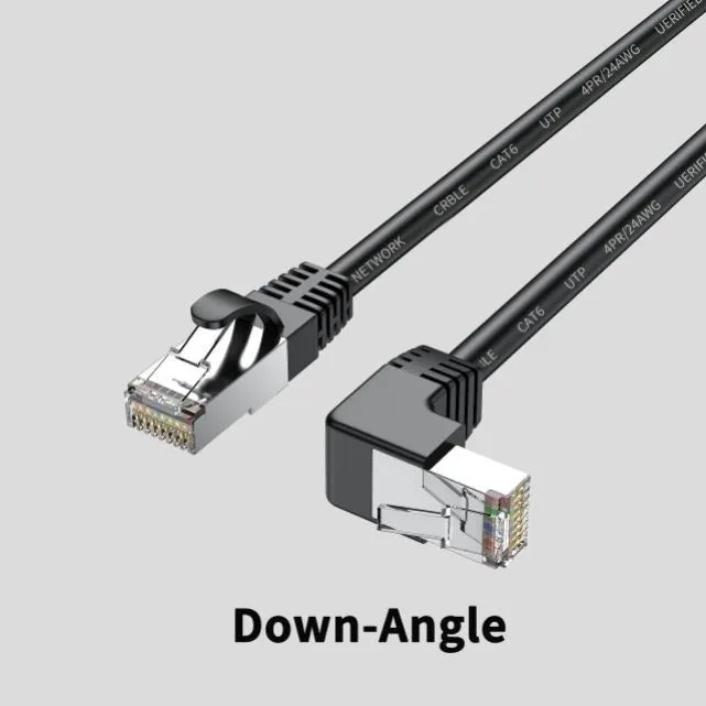 Cat6 Ethernet cable with right-angle metal RJ45 connector in black, available in multiple lengths