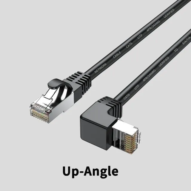 Cat6 Ethernet cable with right-angle metal RJ45 connector in black, available in multiple lengths